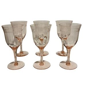 Set of 6 Pink Etched Depression Wine Glasses